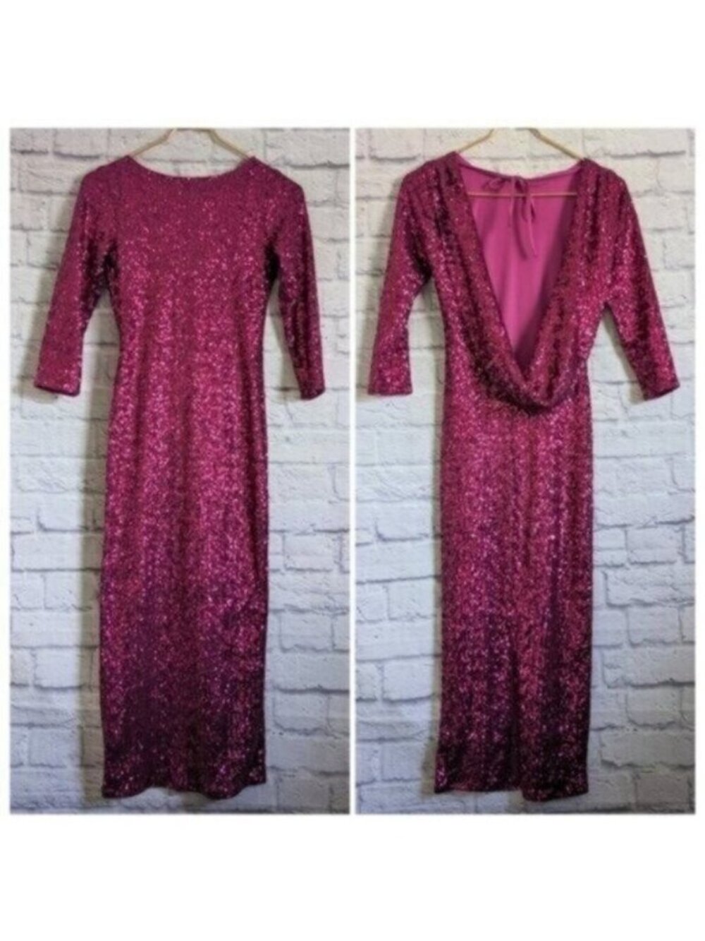ASOS Sequin Open Back Midi Dress 4 Hot Pink Cocktail Party Glam Slit Sparkle